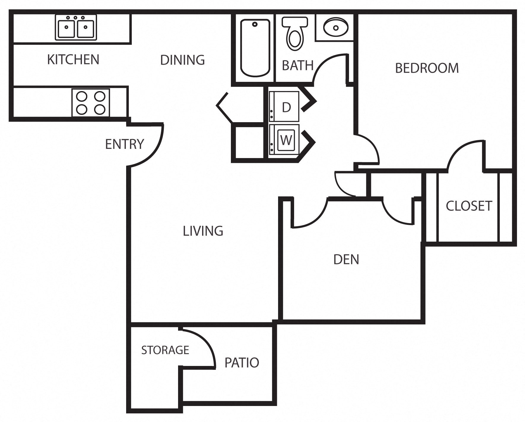 Floor plan for 2 beds, 1 bath, 835 sqft